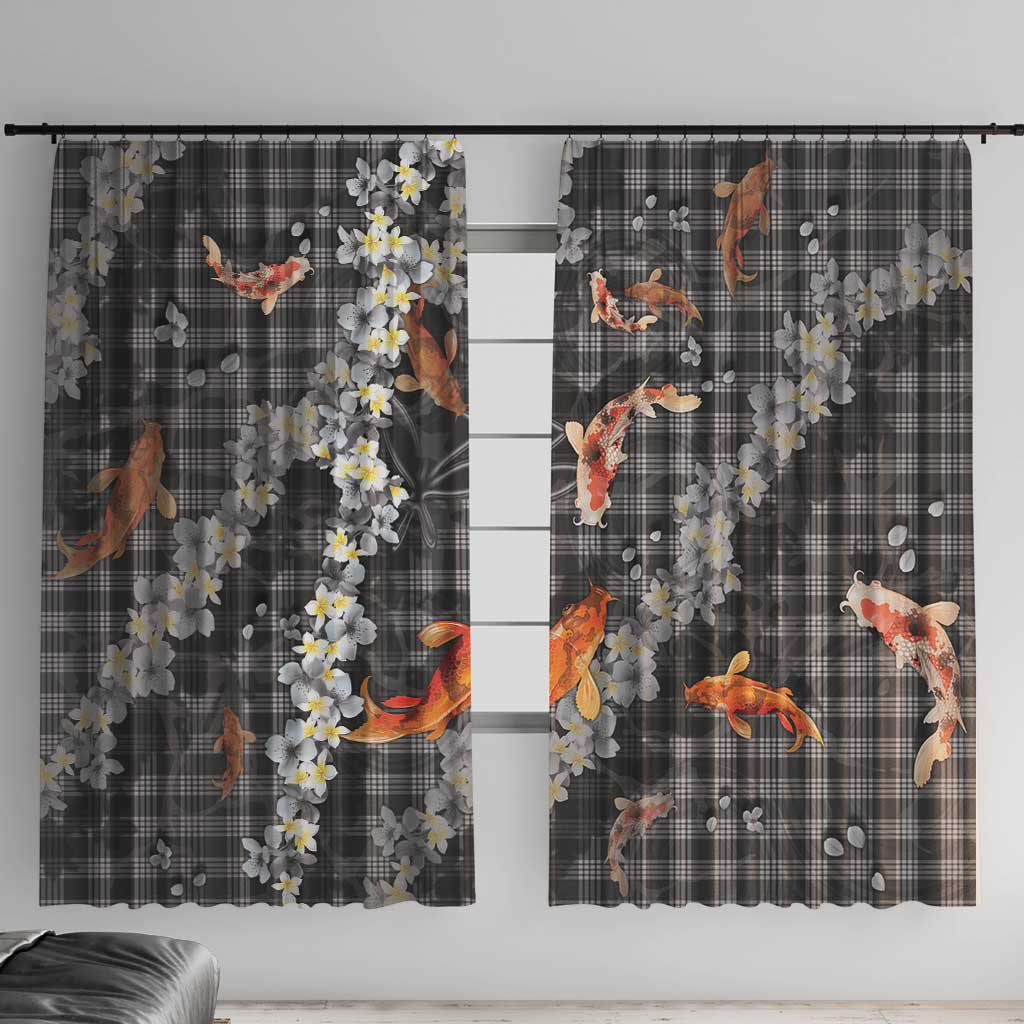 Black Palaka Hawaiian And Japanese Window Curtain Sakura Lei With Koi Fish DT05 With Hooks Black - Polynesian Pride