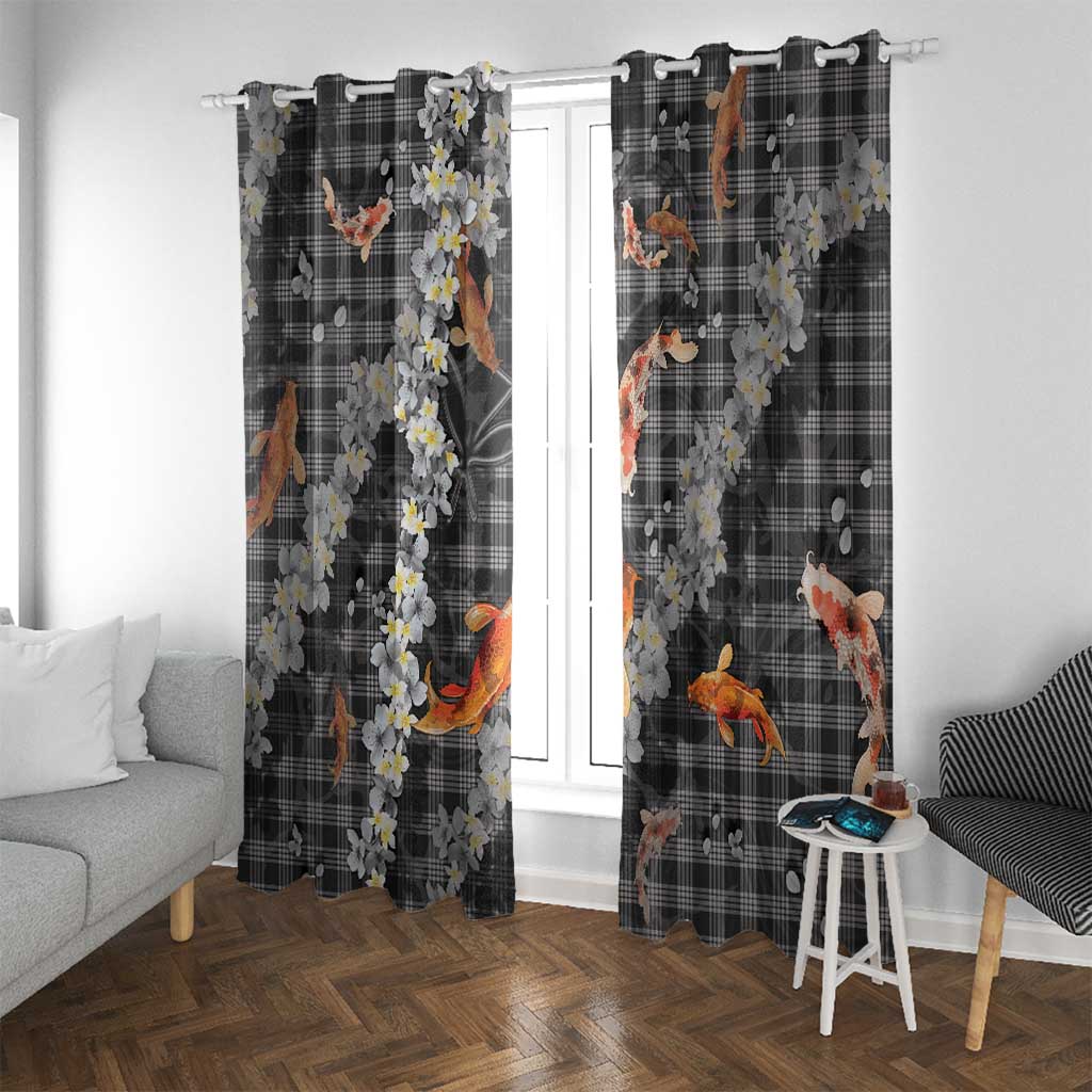 Black Palaka Hawaiian And Japanese Window Curtain Sakura Lei With Koi Fish DT05 With Grommets Black - Polynesian Pride