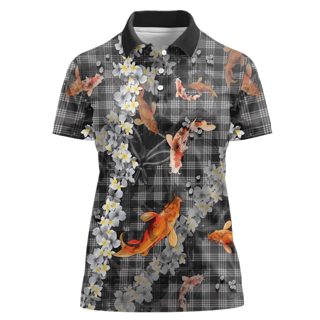 Black Palaka Hawaiian And Japanese Women Polo Shirt Sakura Lei With Koi Fish - Polynesian Pride