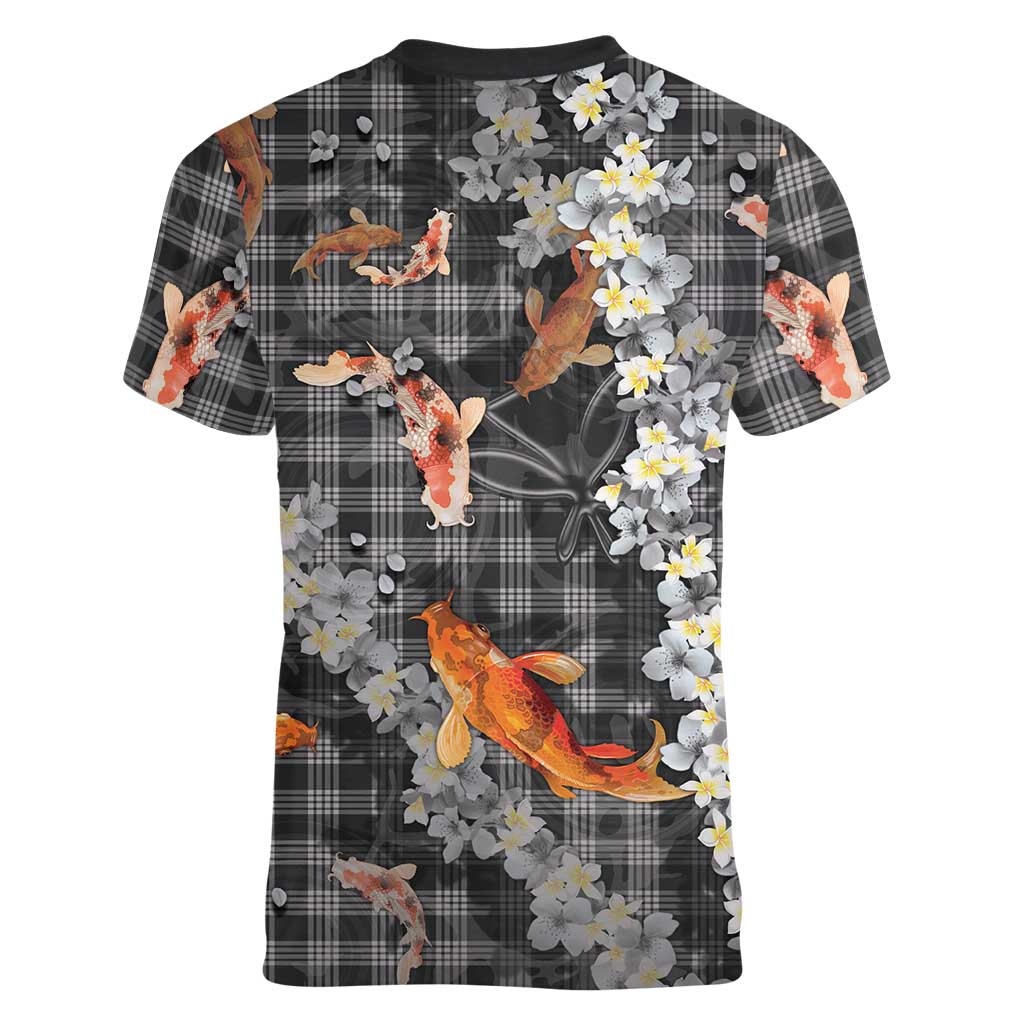 Black Palaka Hawaiian And Japanese Women V-Neck T-Shirt Sakura Lei With Koi Fish - Polynesian Pride