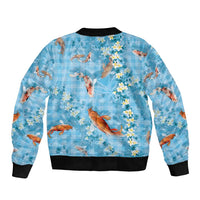 Blue Palaka Hawaiian And Japanese Bomber Jacket Sakura Lei With Koi Fish - Polynesian Pride