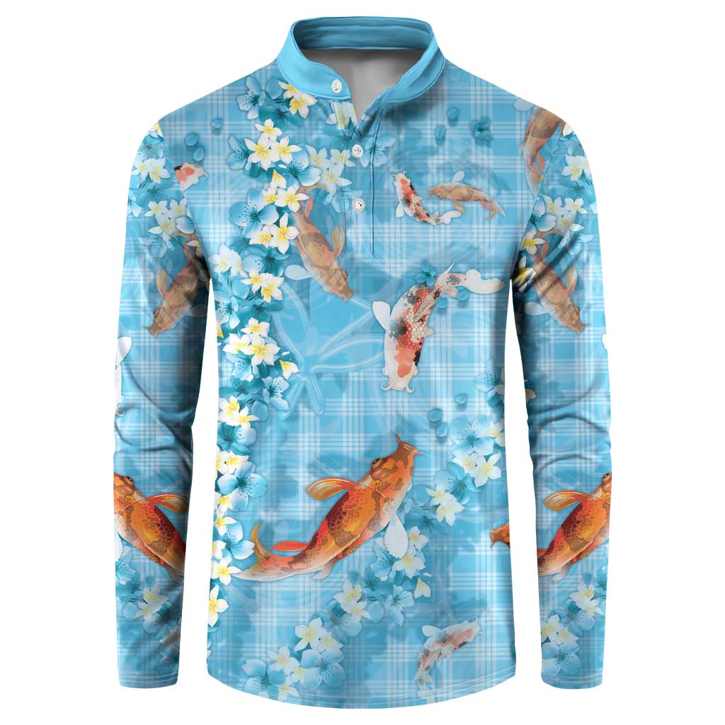 Blue Palaka Hawaiian And Japanese Button Sweatshirt Sakura Lei With Koi Fish - Polynesian Pride