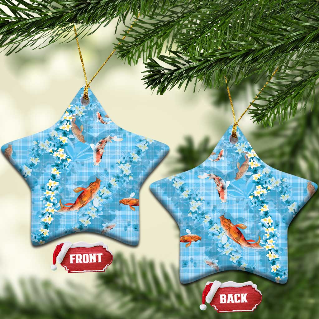 Blue Palaka Hawaiian And Japanese Ceramic Ornament Sakura Lei With Koi Fish - Polynesian Pride