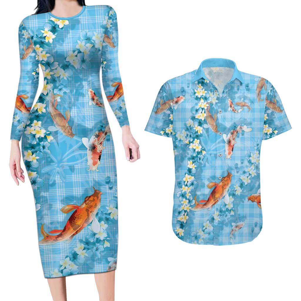 Blue Palaka Hawaiian And Japanese Couples Matching Long Sleeve Bodycon Dress and Hawaiian Shirt Sakura Lei With Koi Fish - Polynesian Pride
