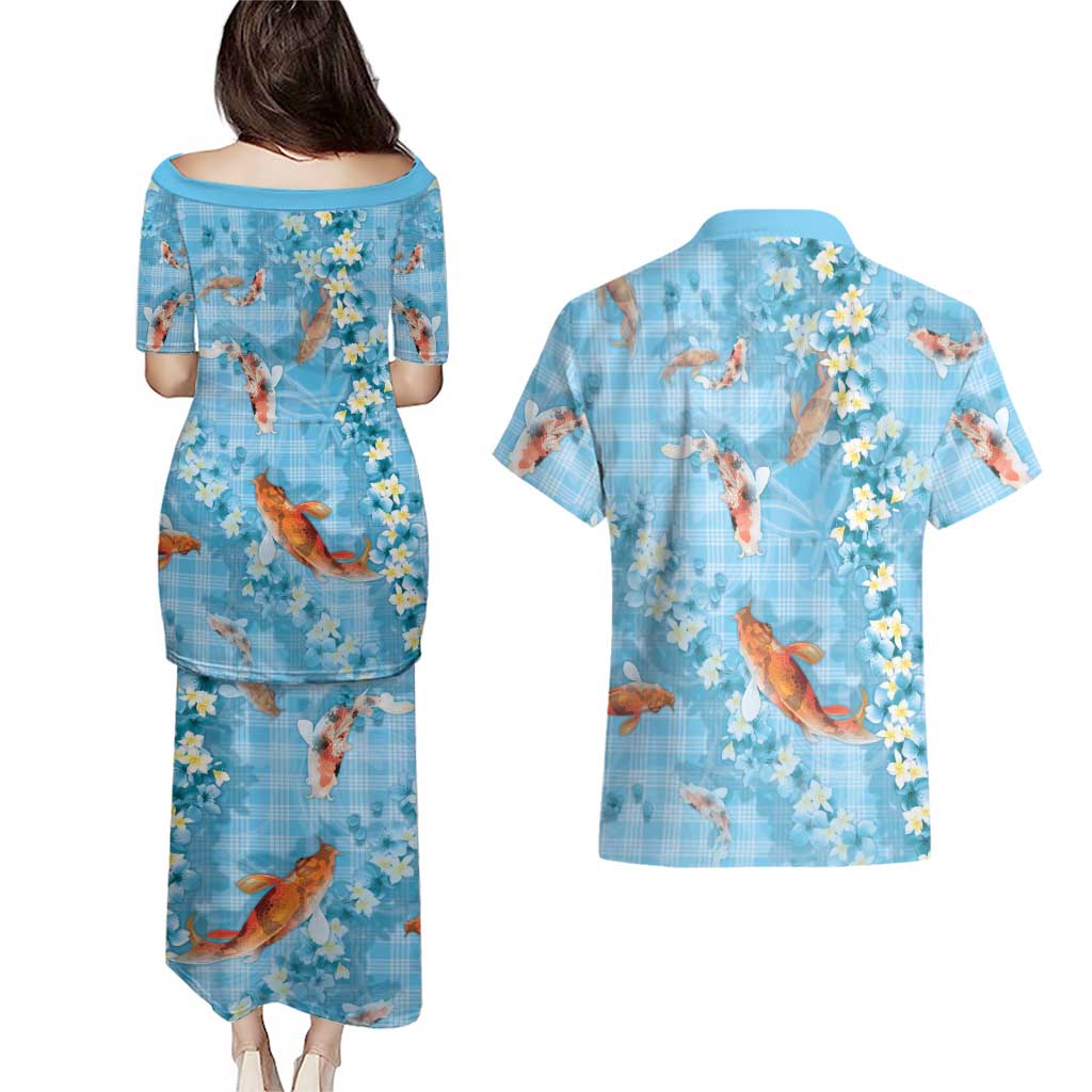Blue Palaka Hawaiian And Japanese Couples Matching Puletasi and Hawaiian Shirt Sakura Lei With Koi Fish - Polynesian Pride