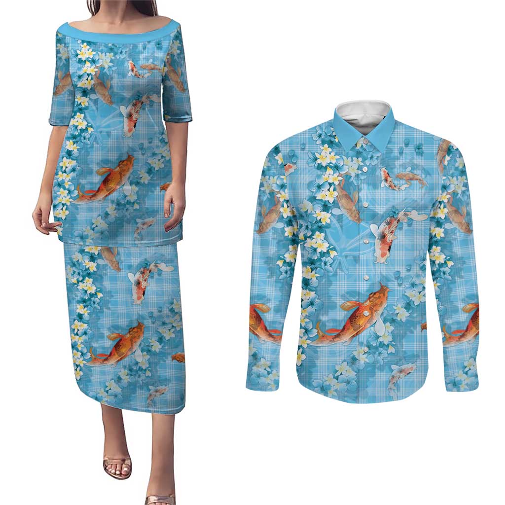 Blue Palaka Hawaiian And Japanese Couples Matching Puletasi and Long Sleeve Button Shirt Sakura Lei With Koi Fish - Polynesian Pride