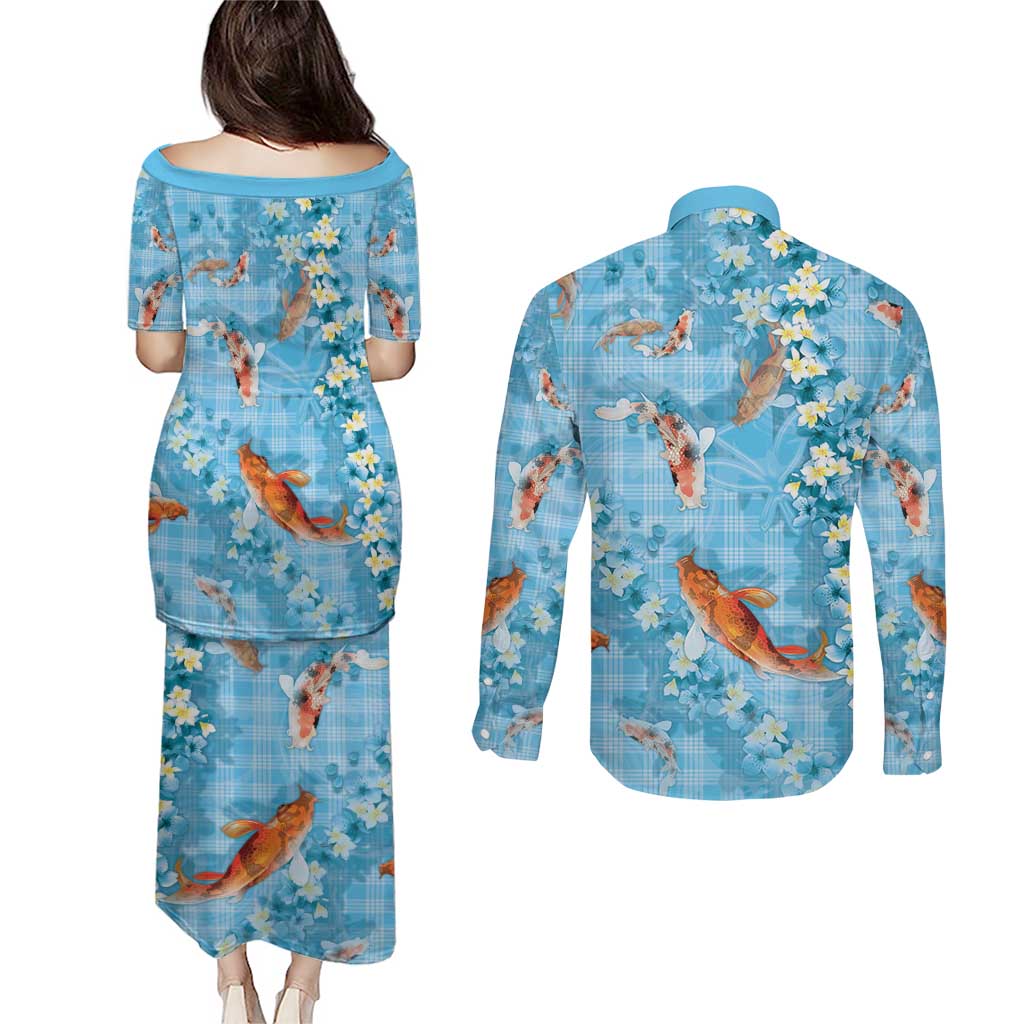 Blue Palaka Hawaiian And Japanese Couples Matching Puletasi and Long Sleeve Button Shirt Sakura Lei With Koi Fish - Polynesian Pride