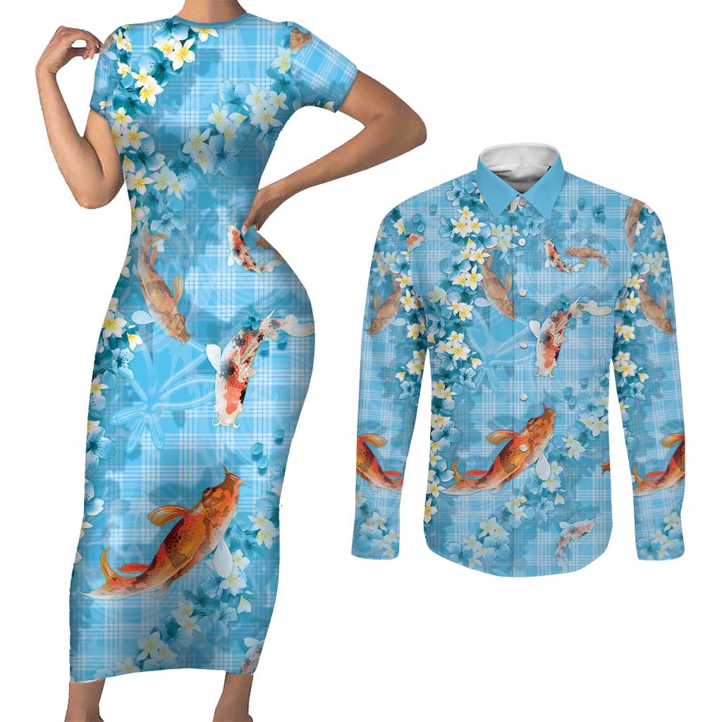 Blue Palaka Hawaiian And Japanese Couples Matching Short Sleeve Bodycon Dress and Long Sleeve Button Shirt Sakura Lei With Koi Fish - Polynesian Pride