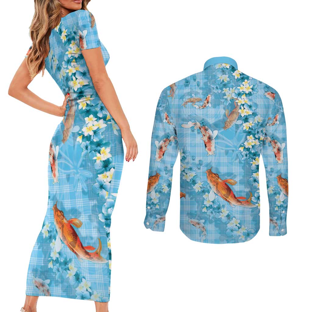 Blue Palaka Hawaiian And Japanese Couples Matching Short Sleeve Bodycon Dress and Long Sleeve Button Shirt Sakura Lei With Koi Fish - Polynesian Pride