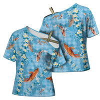 Blue Palaka Hawaiian And Japanese Cross Shoulder Shirt Sakura Lei With Koi Fish - Polynesian Pride