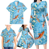 Blue Palaka Hawaiian And Japanese Family Matching Long Sleeve Bodycon Dress and Hawaiian Shirt Sakura Lei With Koi Fish - Polynesian Pride