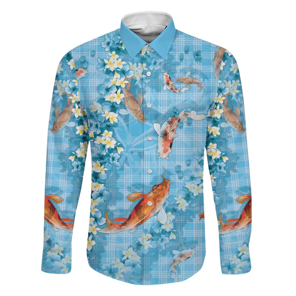 Blue Palaka Hawaiian And Japanese Family Matching Long Sleeve Bodycon Dress and Hawaiian Shirt Sakura Lei With Koi Fish - Polynesian Pride