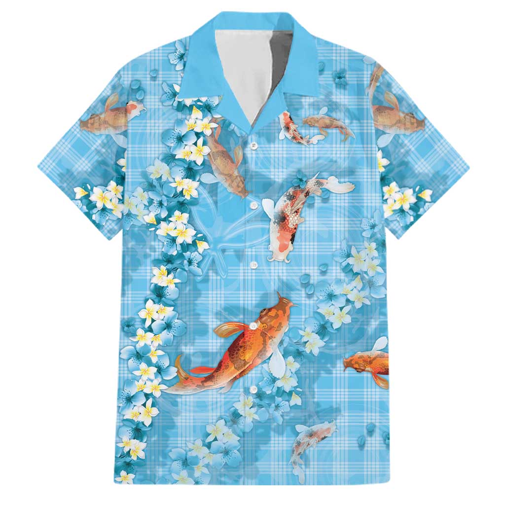 Blue Palaka Hawaiian And Japanese Family Matching Mermaid Dress and Hawaiian Shirt Sakura Lei With Koi Fish - Polynesian Pride