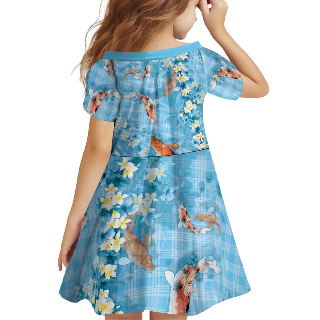 Blue Palaka Hawaiian And Japanese Family Matching Off The Shoulder Long Sleeve Dress and Hawaiian Shirt Sakura Lei With Koi Fish - Polynesian Pride