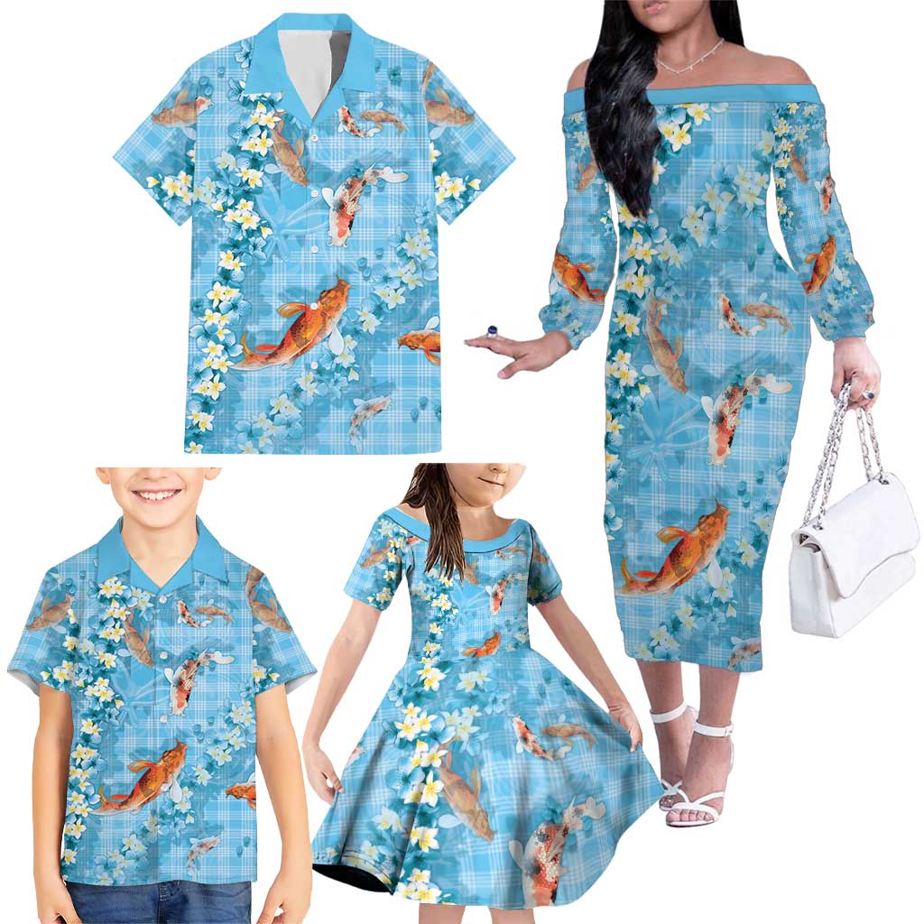 Blue Palaka Hawaiian And Japanese Family Matching Off The Shoulder Long Sleeve Dress and Hawaiian Shirt Sakura Lei With Koi Fish - Polynesian Pride
