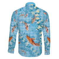 Blue Palaka Hawaiian And Japanese Family Matching Off The Shoulder Long Sleeve Dress and Hawaiian Shirt Sakura Lei With Koi Fish - Polynesian Pride