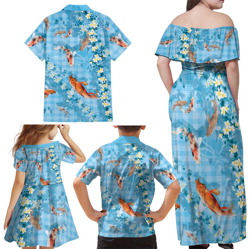 Blue Palaka Hawaiian And Japanese Family Matching Off Shoulder Maxi Dress and Hawaiian Shirt Sakura Lei With Koi Fish - Polynesian Pride
