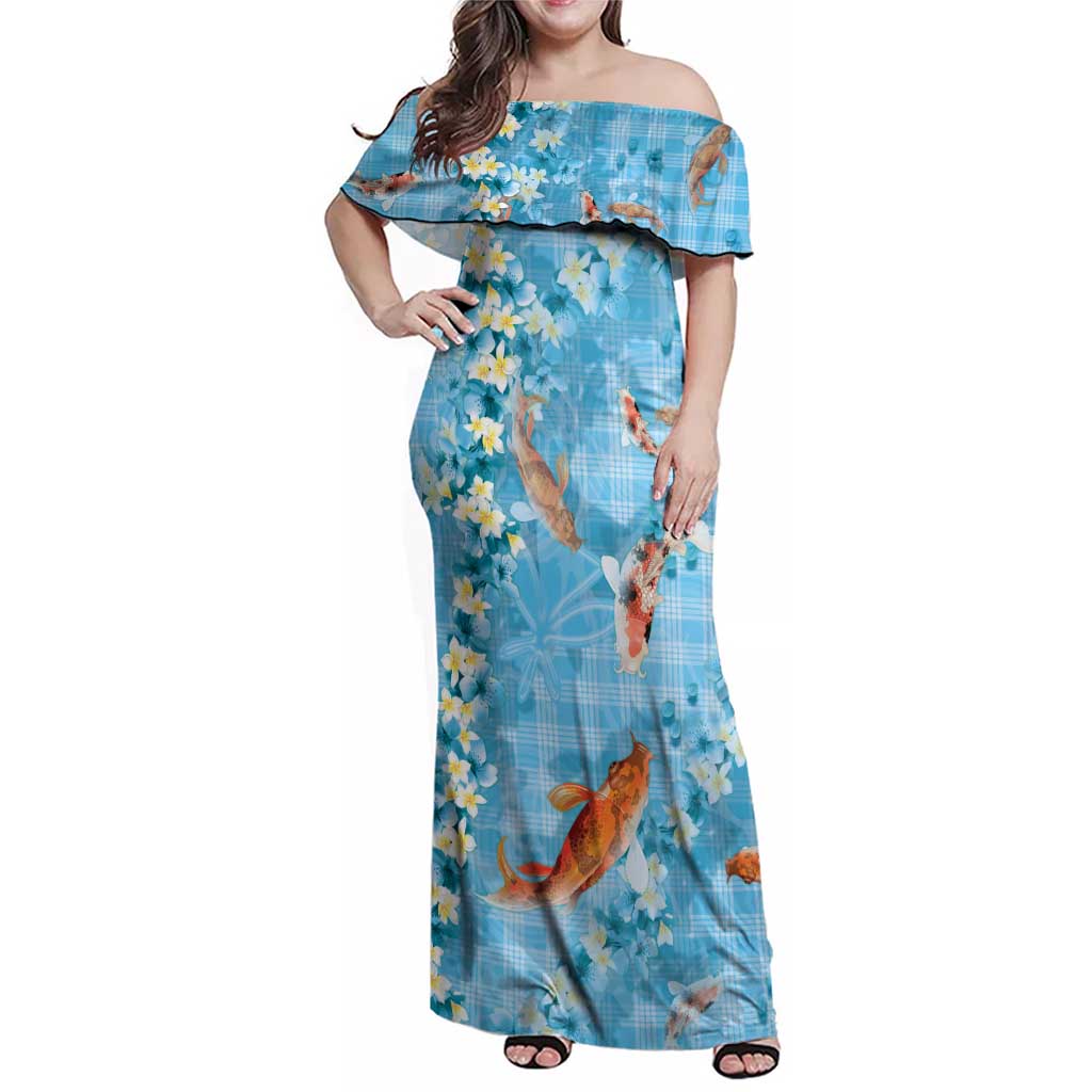 Blue Palaka Hawaiian And Japanese Family Matching Off Shoulder Maxi Dress and Hawaiian Shirt Sakura Lei With Koi Fish - Polynesian Pride