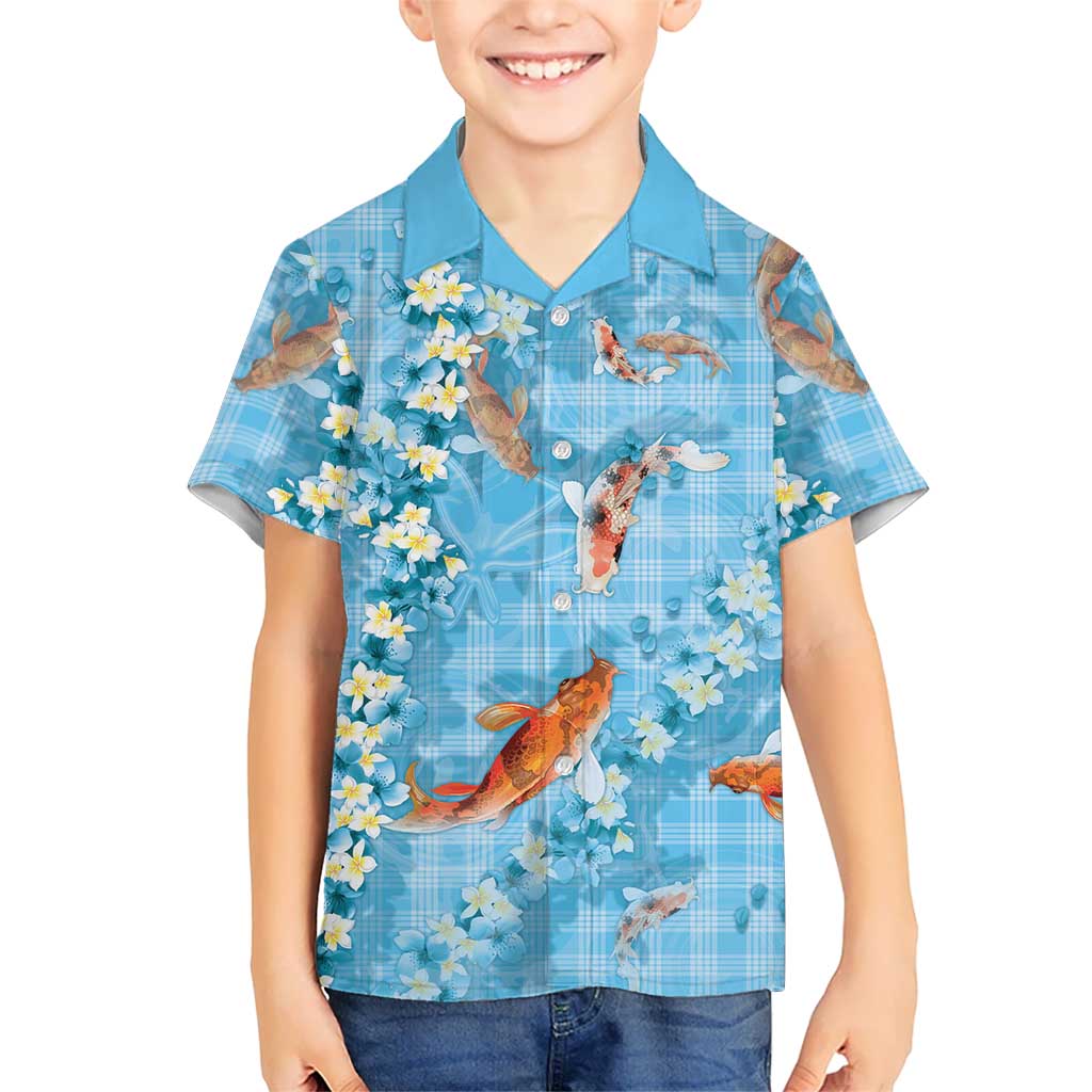 Blue Palaka Hawaiian And Japanese Family Matching Off Shoulder Maxi Dress and Hawaiian Shirt Sakura Lei With Koi Fish - Polynesian Pride