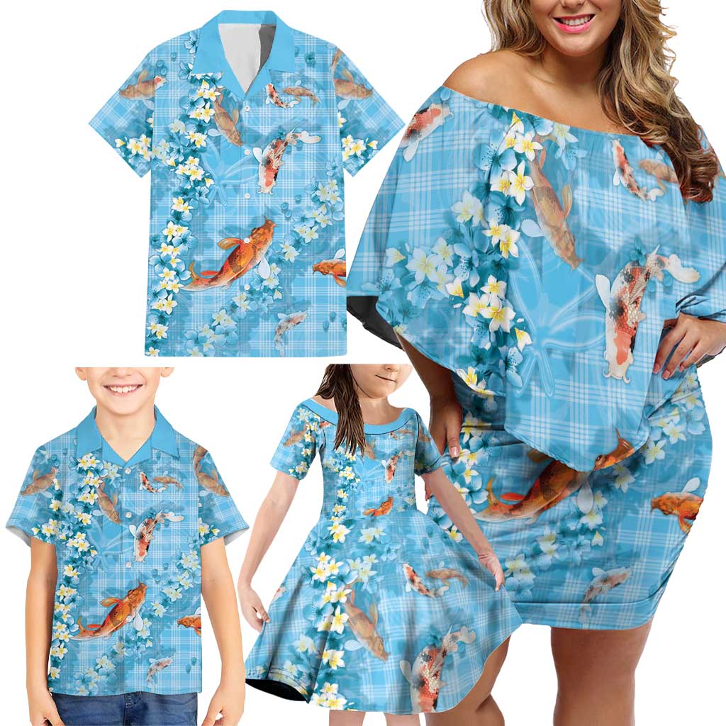 Blue Palaka Hawaiian And Japanese Family Matching Off Shoulder Short Dress and Hawaiian Shirt Sakura Lei With Koi Fish - Polynesian Pride