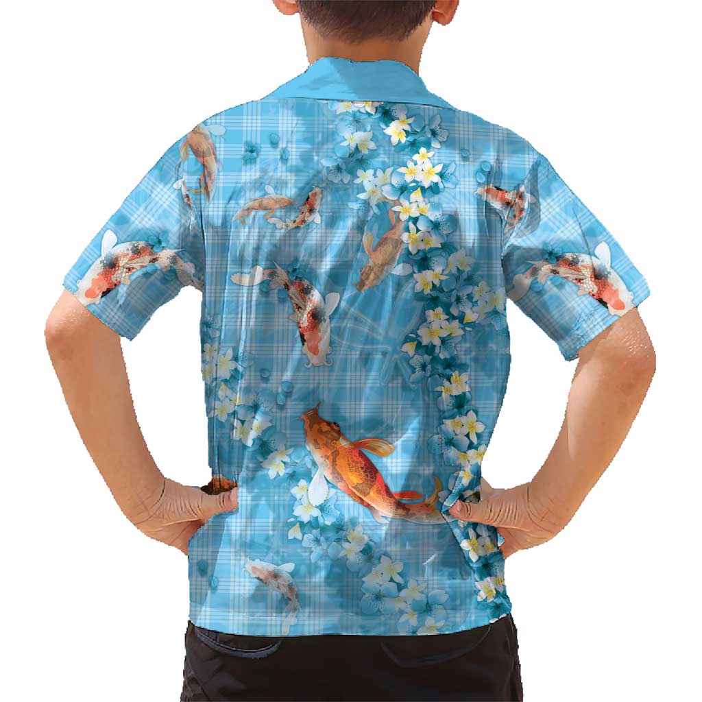 Blue Palaka Hawaiian And Japanese Family Matching Puletasi and Hawaiian Shirt Sakura Lei With Koi Fish - Polynesian Pride