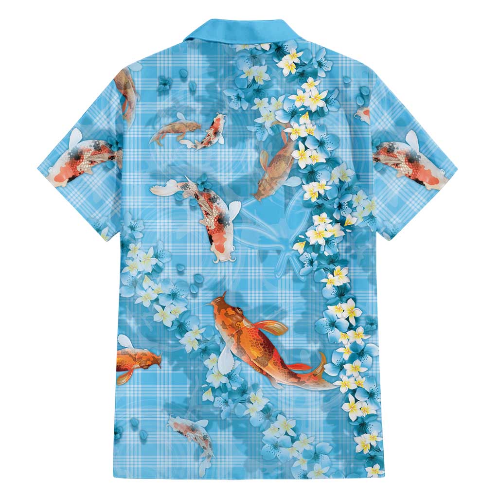 Blue Palaka Hawaiian And Japanese Family Matching Puletasi and Hawaiian Shirt Sakura Lei With Koi Fish - Polynesian Pride
