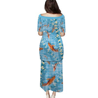 Blue Palaka Hawaiian And Japanese Family Matching Puletasi and Hawaiian Shirt Sakura Lei With Koi Fish - Polynesian Pride