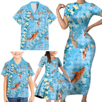 Blue Palaka Hawaiian And Japanese Family Matching Short Sleeve Bodycon Dress and Hawaiian Shirt Sakura Lei With Koi Fish - Polynesian Pride