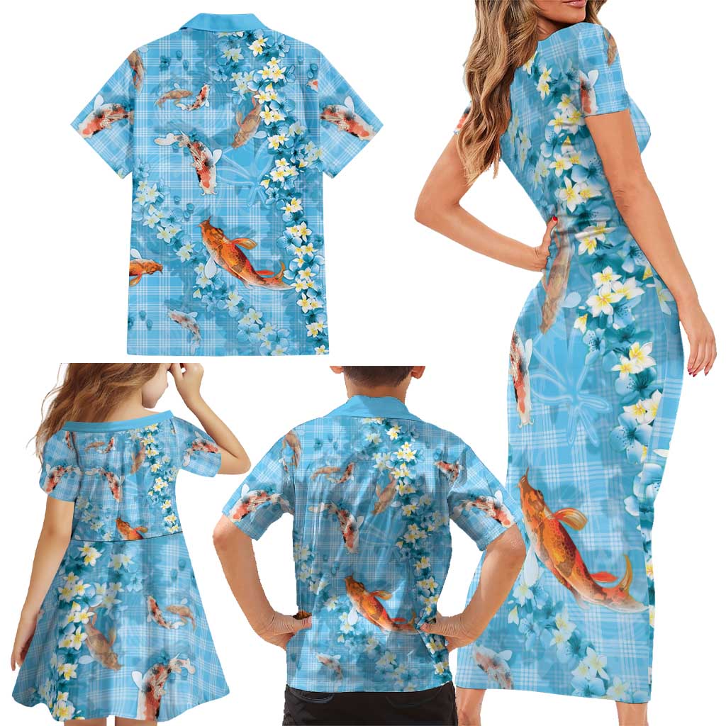 Blue Palaka Hawaiian And Japanese Family Matching Short Sleeve Bodycon Dress and Hawaiian Shirt Sakura Lei With Koi Fish - Polynesian Pride