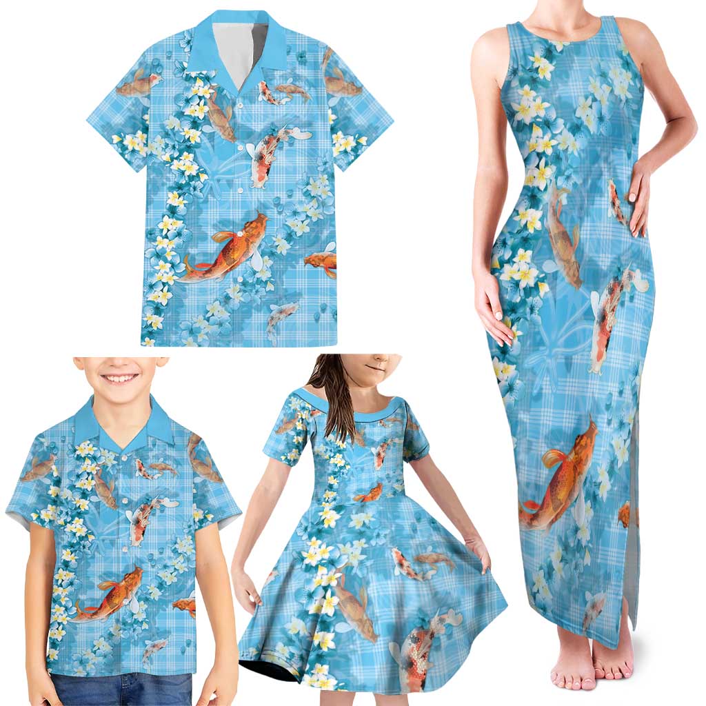 Blue Palaka Hawaiian And Japanese Family Matching Tank Maxi Dress and Hawaiian Shirt Sakura Lei With Koi Fish - Polynesian Pride
