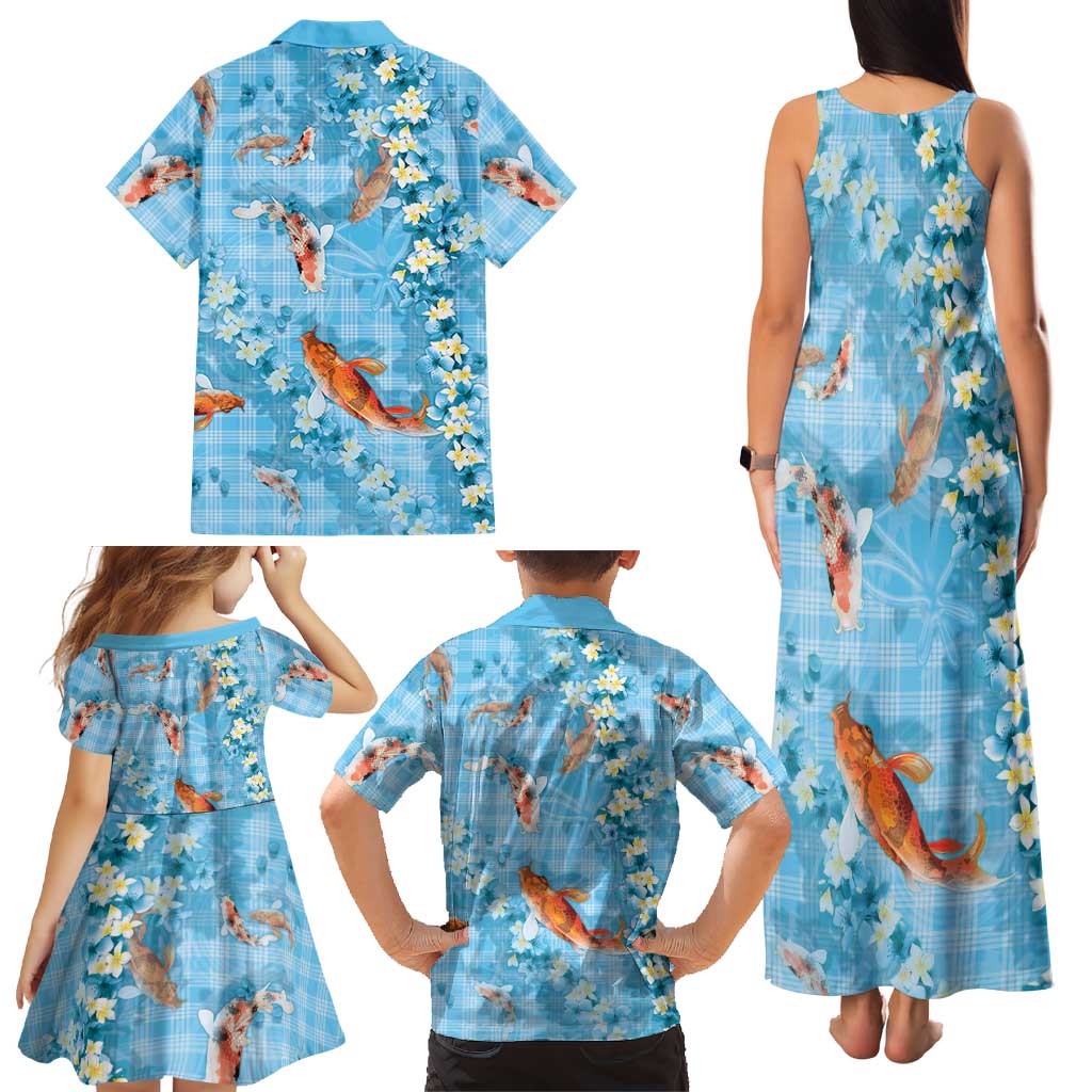 Blue Palaka Hawaiian And Japanese Family Matching Tank Maxi Dress and Hawaiian Shirt Sakura Lei With Koi Fish - Polynesian Pride