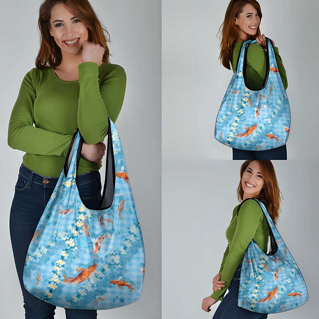 Blue Palaka Hawaiian And Japanese Grocery Bag Sakura Lei With Koi Fish - Polynesian Pride