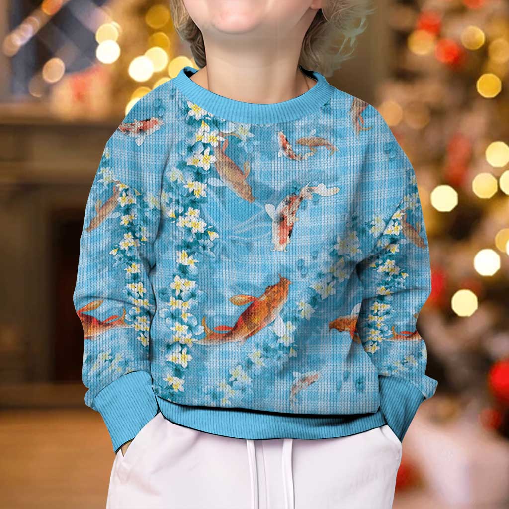 Blue Palaka Hawaiian And Japanese Kid Ugly Christmas Sweater Sakura Lei With Koi Fish - Polynesian Pride