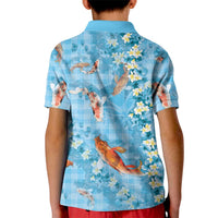 Blue Palaka Hawaiian And Japanese Kid Polo Shirt Sakura Lei With Koi Fish - Polynesian Pride