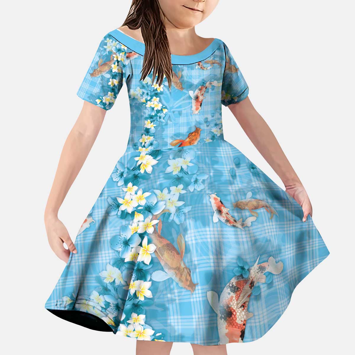 Blue Palaka Hawaiian And Japanese Kid Short Sleeve Dress Sakura Lei With Koi Fish - Polynesian Pride