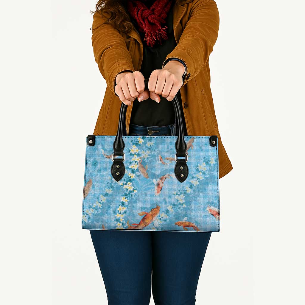 Blue Palaka Hawaiian And Japanese Leather Bag Sakura Lei With Koi Fish DT05 - Polynesian Pride