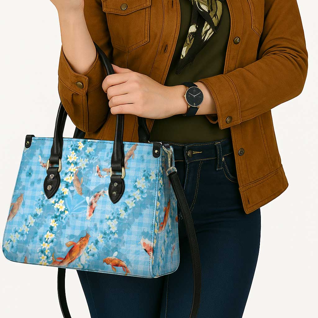 Blue Palaka Hawaiian And Japanese Leather Bag Sakura Lei With Koi Fish DT05 - Polynesian Pride