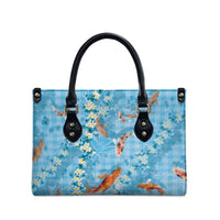 Blue Palaka Hawaiian And Japanese Leather Bag Sakura Lei With Koi Fish DT05 - Polynesian Pride