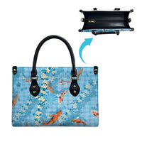 Blue Palaka Hawaiian And Japanese Leather Bag Sakura Lei With Koi Fish DT05 - Polynesian Pride
