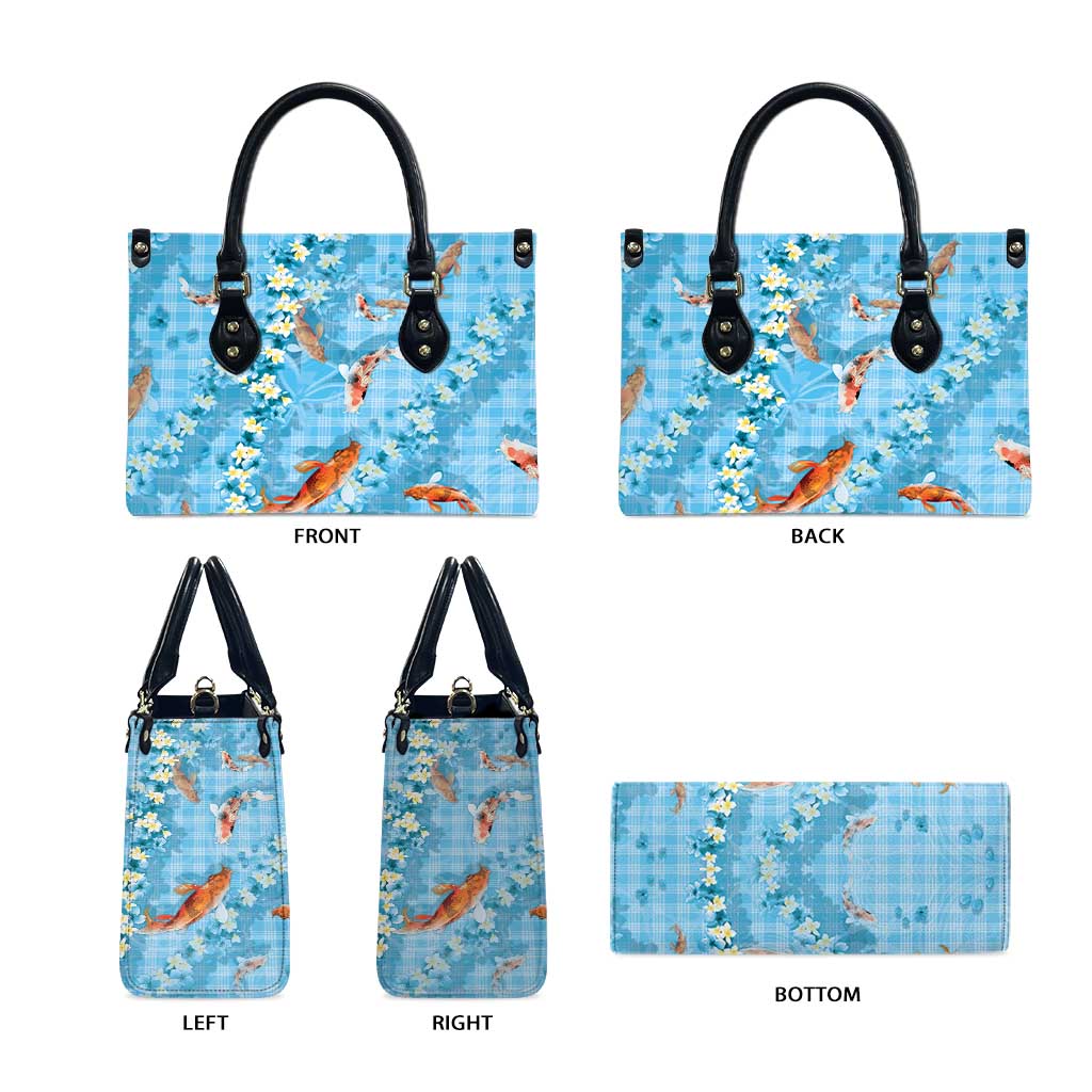 Blue Palaka Hawaiian And Japanese Leather Bag Sakura Lei With Koi Fish DT05 - Polynesian Pride