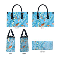 Blue Palaka Hawaiian And Japanese Leather Bag Sakura Lei With Koi Fish DT05 - Polynesian Pride