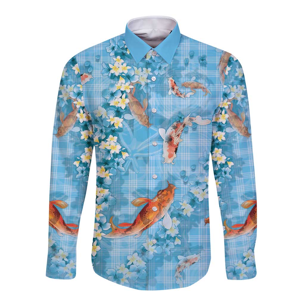 Blue Palaka Hawaiian And Japanese Long Sleeve Button Shirt Sakura Lei With Koi Fish - Polynesian Pride
