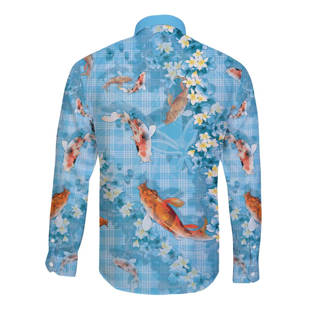 Blue Palaka Hawaiian And Japanese Long Sleeve Button Shirt Sakura Lei With Koi Fish - Polynesian Pride