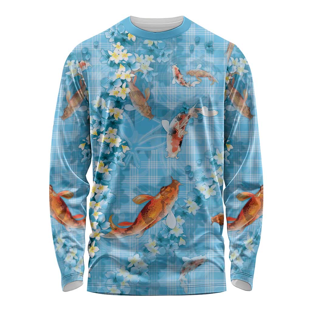Blue Palaka Hawaiian And Japanese Long Sleeve Shirt Sakura Lei With Koi Fish - Polynesian Pride
