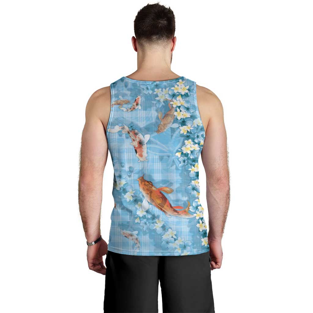 Blue Palaka Hawaiian And Japanese Men Tank Top Sakura Lei With Koi Fish - Polynesian Pride