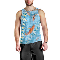 Blue Palaka Hawaiian And Japanese Men Tank Top Sakura Lei With Koi Fish - Polynesian Pride