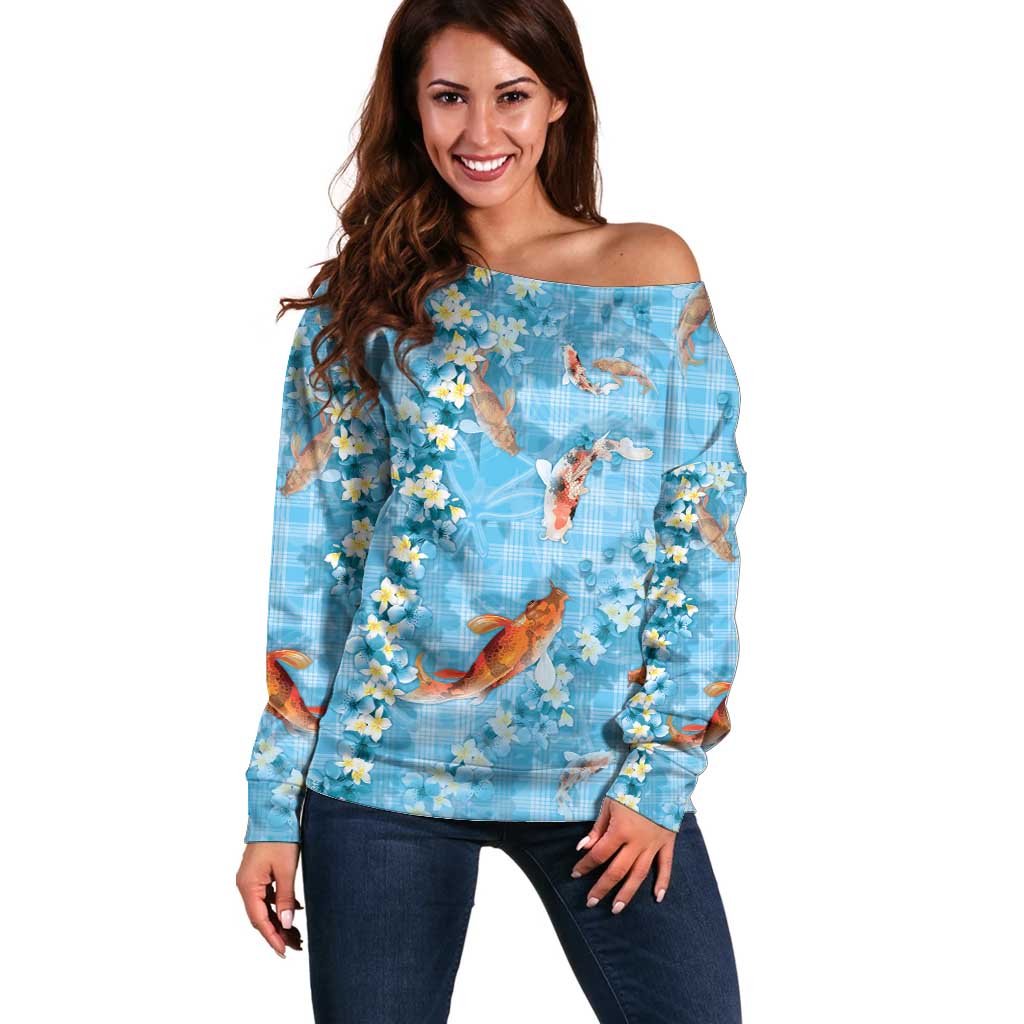Blue Palaka Hawaiian And Japanese Off Shoulder Sweater Sakura Lei With Koi Fish DT05 Women Blue - Polynesian Pride