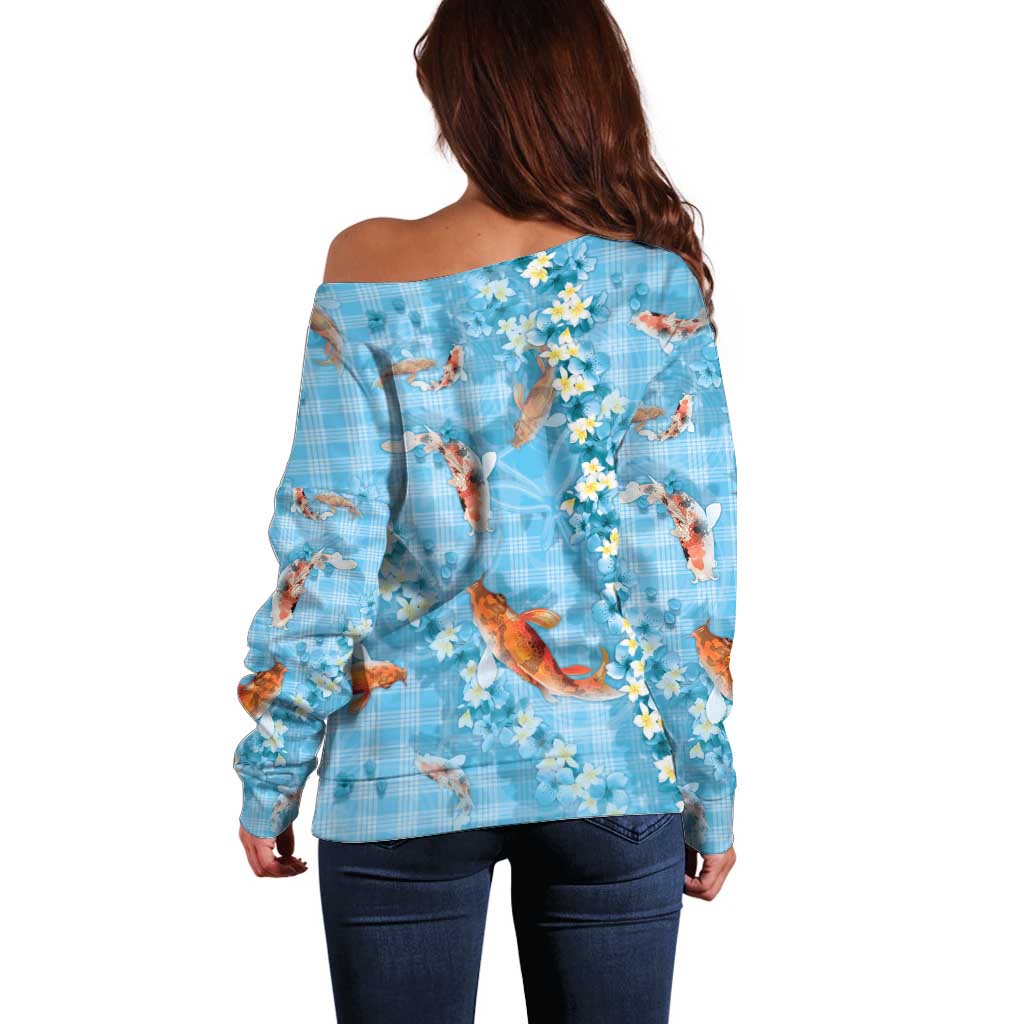 Blue Palaka Hawaiian And Japanese Off Shoulder Sweater Sakura Lei With Koi Fish DT05 - Polynesian Pride