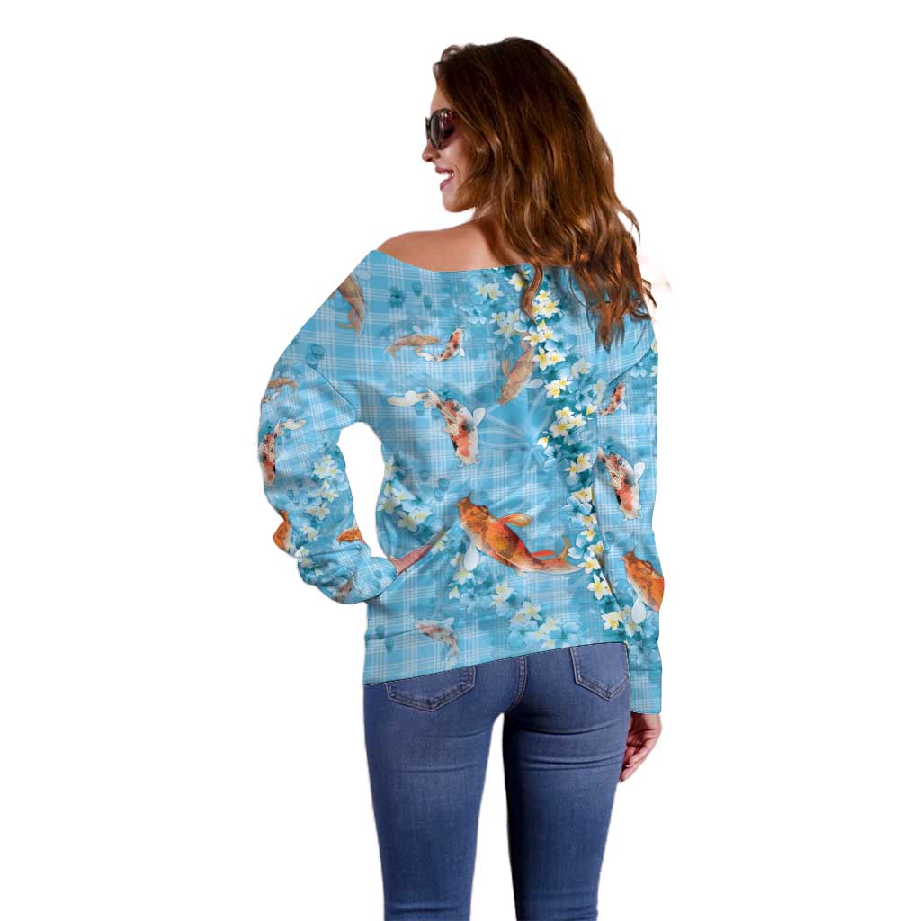 Blue Palaka Hawaiian And Japanese Off Shoulder Sweater Sakura Lei With Koi Fish DT05 - Polynesian Pride