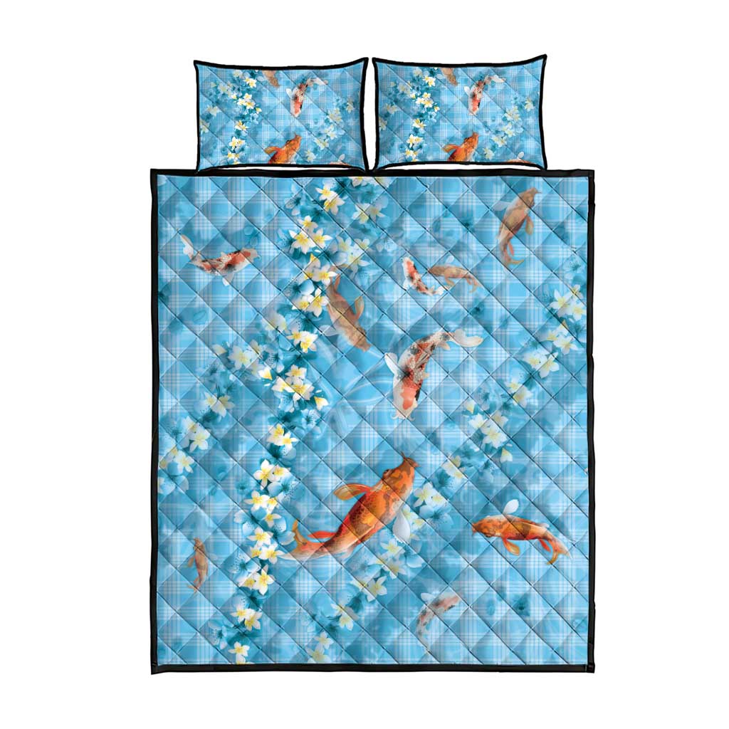 Blue Palaka Hawaiian And Japanese Quilt Bed Set Sakura Lei With Koi Fish DT05 - Polynesian Pride